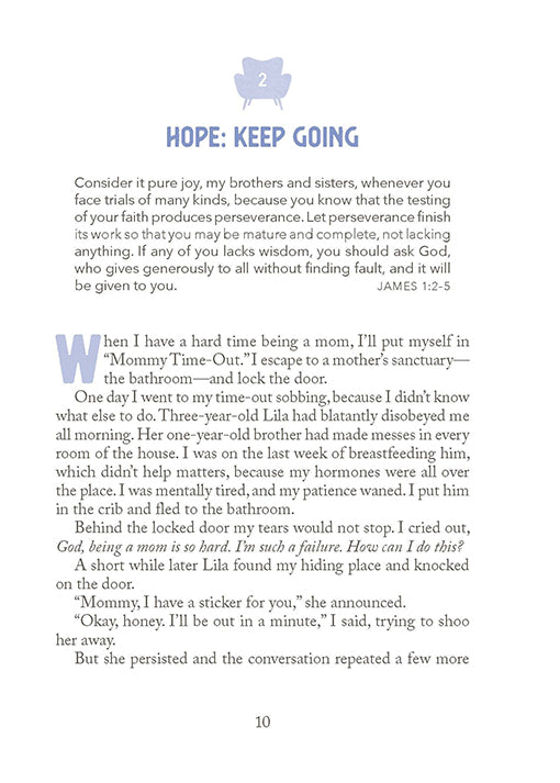 Chapter 2 entitled Hope: Keep Going and a blue chair icon on a white background in Two-Minute Timeouts for New Moms book by Andrea Fortenberry