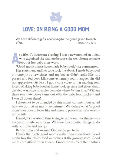Chapter 6 entitled Love: On Being a Good Mom and a blue chair icon on a white background in Two-Minute Timeouts for New Moms book by Andrea Fortenberry