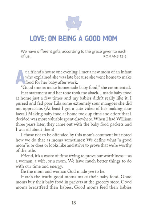 Chapter 6 entitled Love: On Being a Good Mom and a blue chair icon on a white background in Two-Minute Timeouts for New Moms book by Andrea Fortenberry