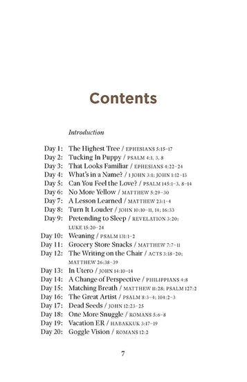 Table of contents for Sunday God Meets Monday Mom book by Erin Greneaux with corresponding verses.