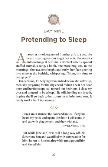 Text page from Sunday God Meets Monday Mom book by Erin Greneaux with chapter title 'Pretending to Sleep' on Day Nine.