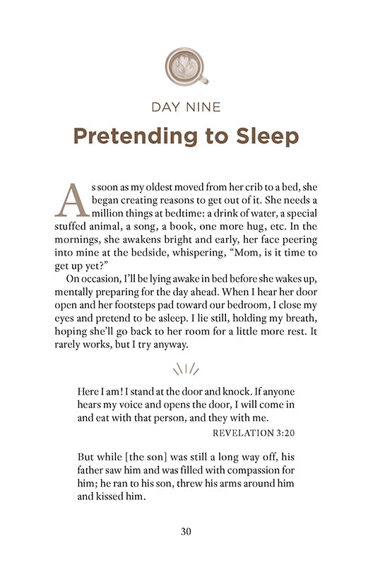 Text page from Sunday God Meets Monday Mom book by Erin Greneaux with chapter title 'Pretending to Sleep' on Day Nine.