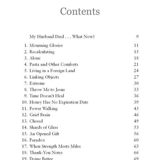 Table of contents for 'mourning glories' by Marilyn Nutter and published by Our Daily Bread Publishing, featuring chapters such as "alone" and "time doesn't heal"
