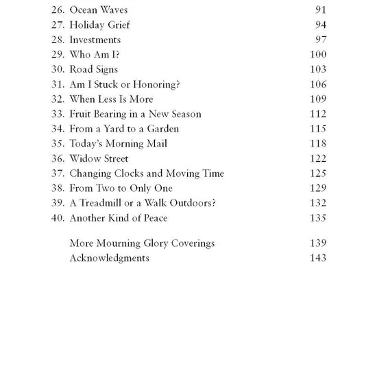 Table of contents for 'mourning glories' by Marilyn Nutter and published by Our Daily Bread Publishing, featuring chapters such as "who am i" and "holiday grief"