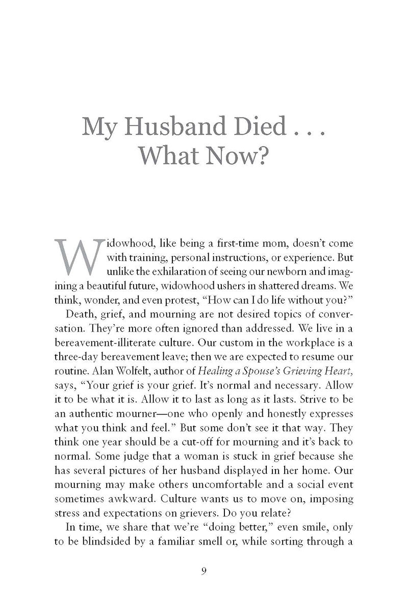 Text page from the book 'mourning glories' by Marilyn Nutter entitled 'My Husband Died... What Now?' with a white background.