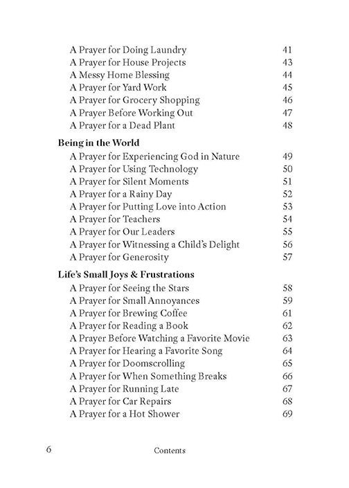 Table of contents for Prayers for Ordinary Life book by Reclaim Today featuring such sections as being in the world