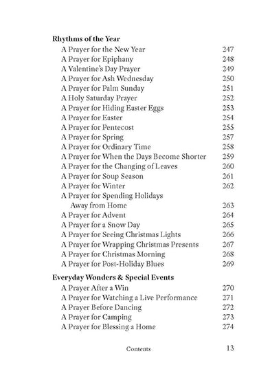 Table of contents for Prayers for Ordinary Life book by Reclaim Today featuring such sections as everyday wonders and special events