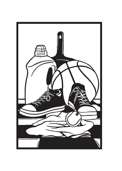 Interior page of Prayers for Ordinary Life book by Reclaim Today that features a black and white images of regular household items such as running shoes and laundry detergent