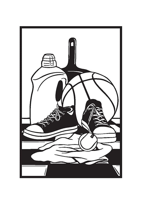 Interior page of Prayers for Ordinary Life book by Reclaim Today that features a black and white images of regular household items such as running shoes and laundry detergent