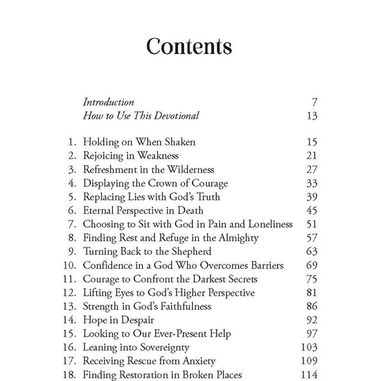 Table of contents for 'Praying into a More Resilient Faith' by Susan Sorensen published by Our Daily Bread Publishing, featuring such titles as "Holding on When Shaken" and "Hope in Despair."