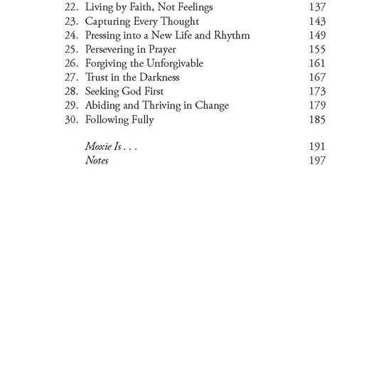 Table of contents for 'Praying into a More Resilient Faith' by Susan Sorensen published by Our Daily Bread Publishing, featuring such titles as "Living by Faith, Not Feelings" on a white background