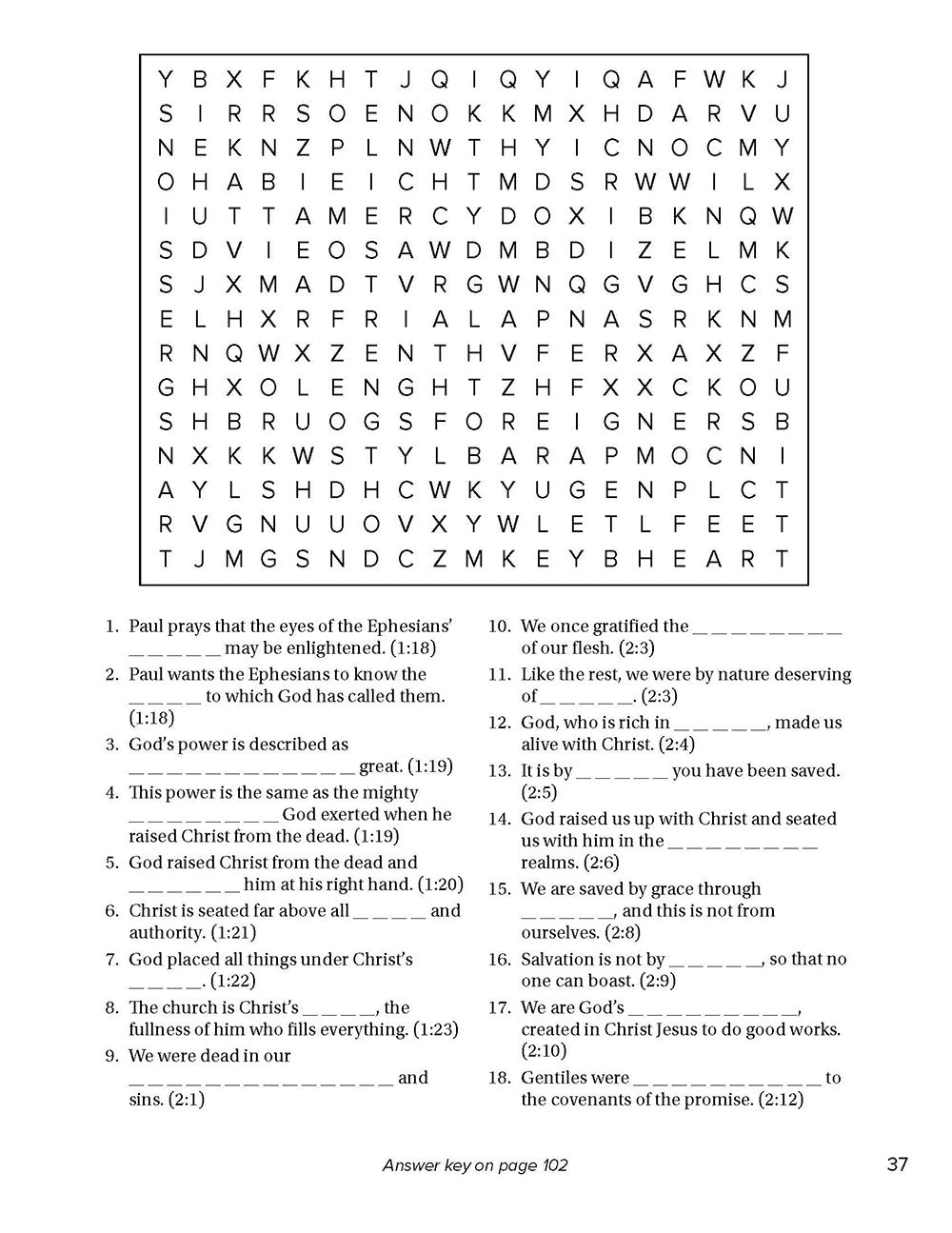 Page with a word search puzzle and clues on a white background in Search the Scriptures: Galatians, Ephesians, Philippian & Colossians, a word find book by Our Daily Bread Ministries.