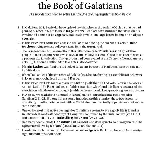 Page entitled 'Top 10 Key Facts about the Book of Galatians' on a white background in Search the Scriptures: Galatians, Ephesians, Philippian & Colossians, a word find book by Our Daily Bread Ministries.