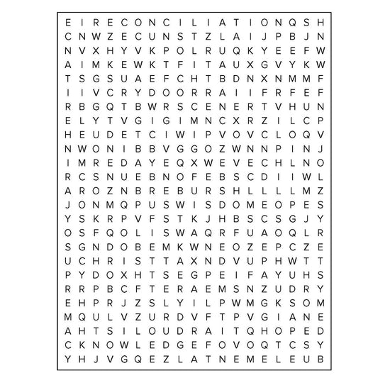 Word search puzzle with letters on a white background in Search the Scriptures: Galatians, Ephesians, Philippian & Colossians, a word find book by Our Daily Bread Ministries.