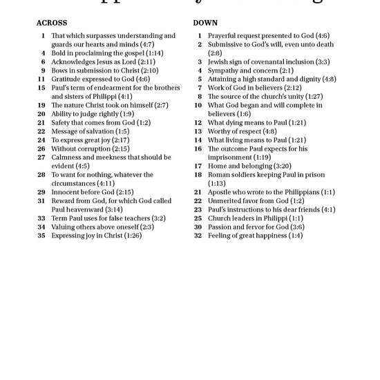 Crossword puzzle clues entitled 'Philippians: Joy in Suffering' on a white background in Search the Scriptures: Galatians, Ephesians, Philippian & Colossians, a word find book by Our Daily Bread Ministries