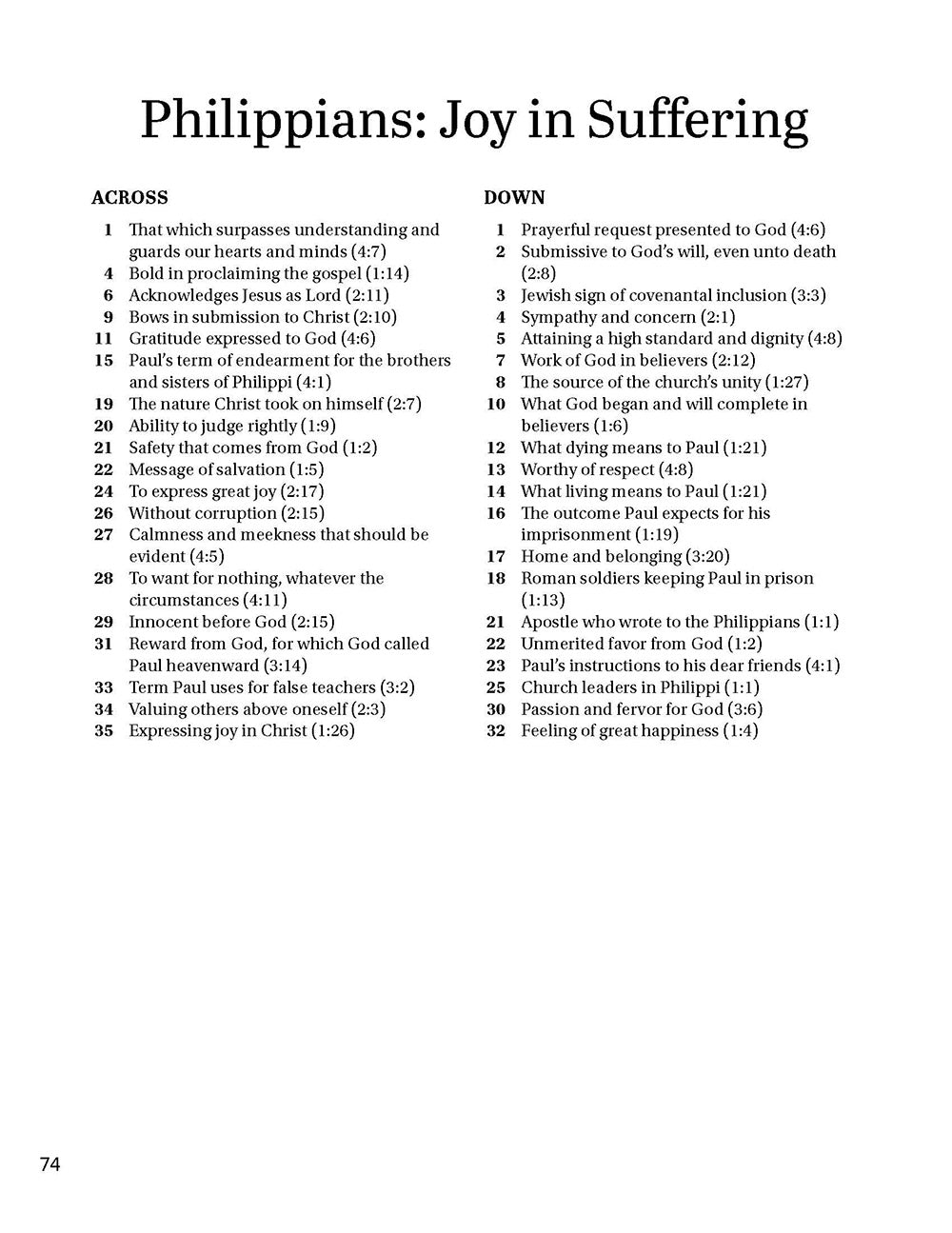 Crossword puzzle clues entitled 'Philippians: Joy in Suffering' on a white background in Search the Scriptures: Galatians, Ephesians, Philippian & Colossians, a word find book by Our Daily Bread Ministries