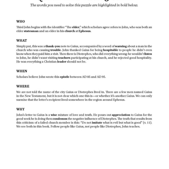 Text page from word search and find book entitled 'Quick Answers: 3 John' with explanatory text from Search the Scriptures
