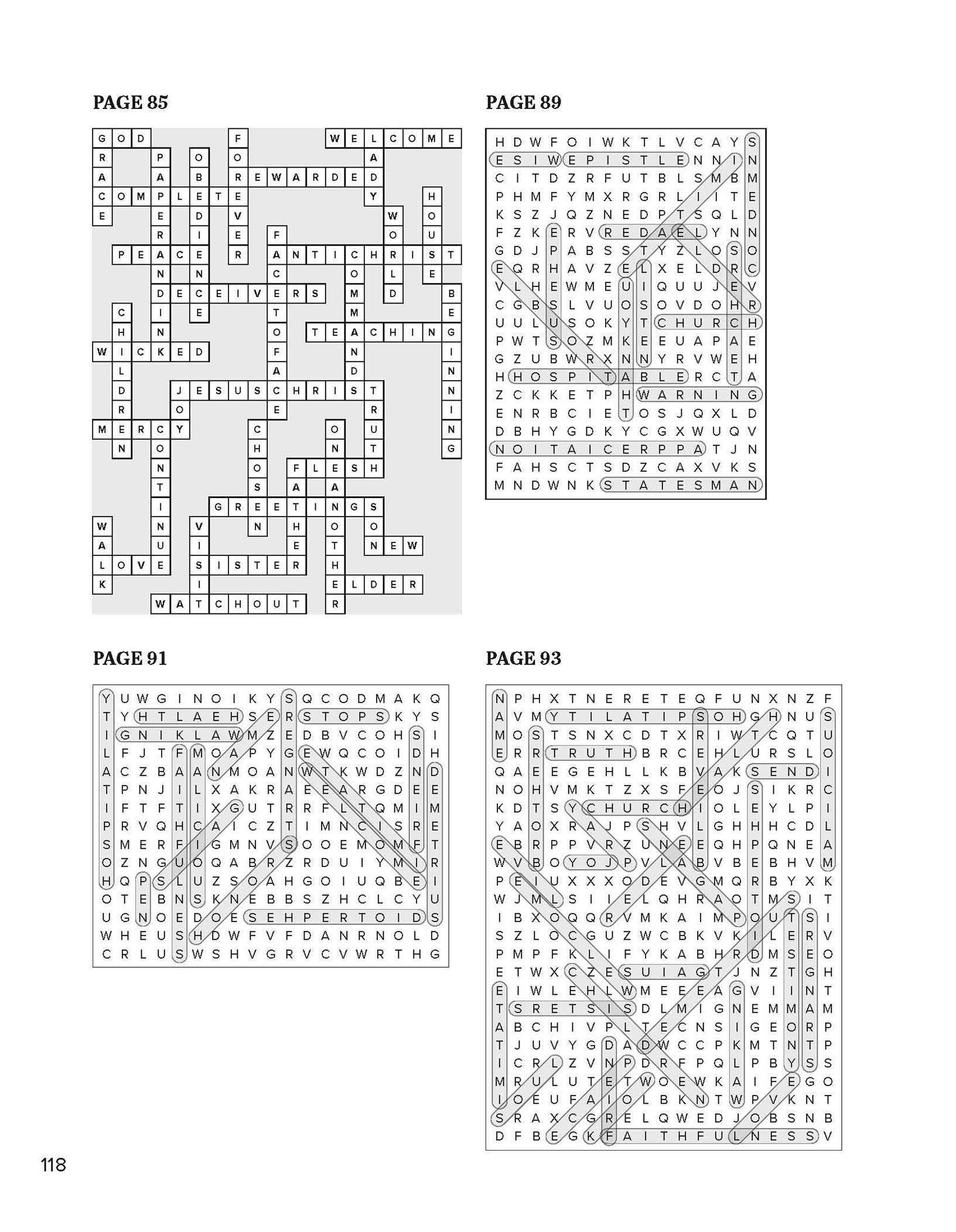 Sample answers for word searches and crosswords in Search the Scriptures book