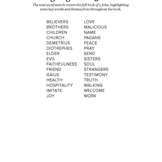 Page with text highlighting key words and themes from 3 John on a white background in Search the Scriptures book