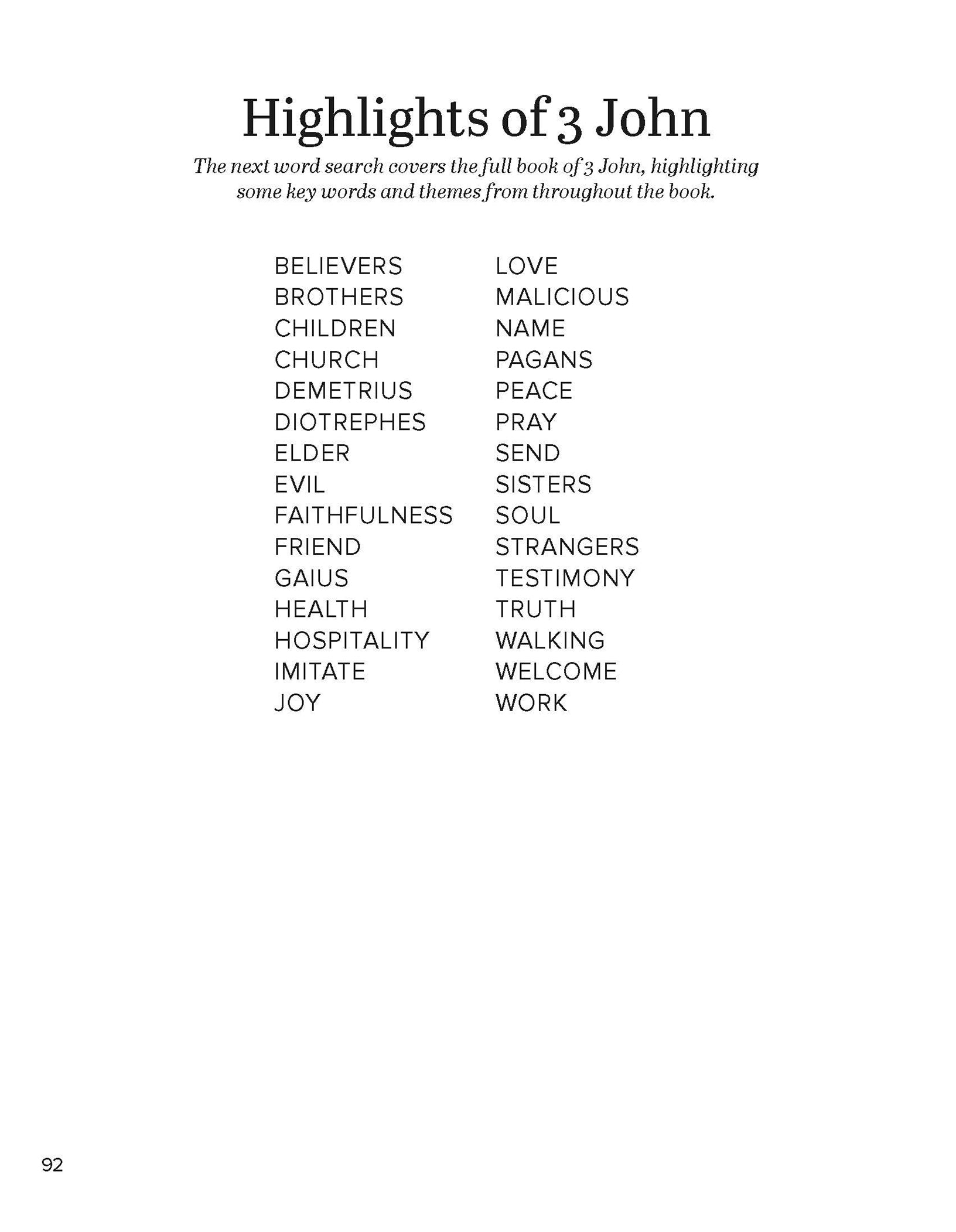Page with text highlighting key words and themes from 3 John on a white background in Search the Scriptures book