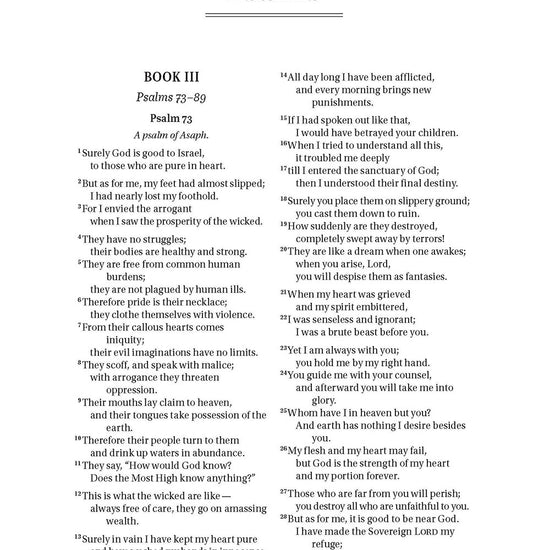 Page of Bible text from Psalms on a white background in Search the Scriptures Psalms 73-150, a word find book by Our Daily Bread Ministries