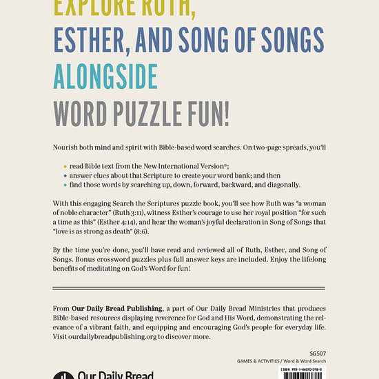 Back cover of 'Search the Scriptures: Ruth, Esther & Song of Songs' word find puzzle book from Our Daily Bread Ministries with text on a beige background