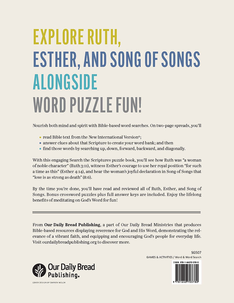 Back cover of 'Search the Scriptures: Ruth, Esther & Song of Songs' word find puzzle book from Our Daily Bread Ministries with text on a beige background