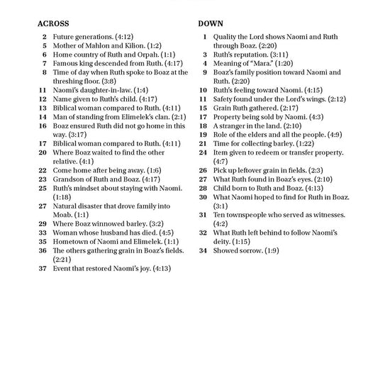 Bible crossword puzzle page with clues on a white background in 'Search the Scriptures: Ruth, Esther & Song of Songs' word find puzzle book from Our Daily Bread Ministries