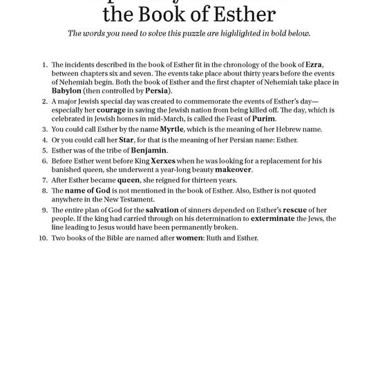Text entitled 'Top 10 Key Facts about the Book of Esther' on a white background in 'Search the Scriptures: Ruth, Esther & Song of Songs' word find puzzle book from Our Daily Bread Ministries