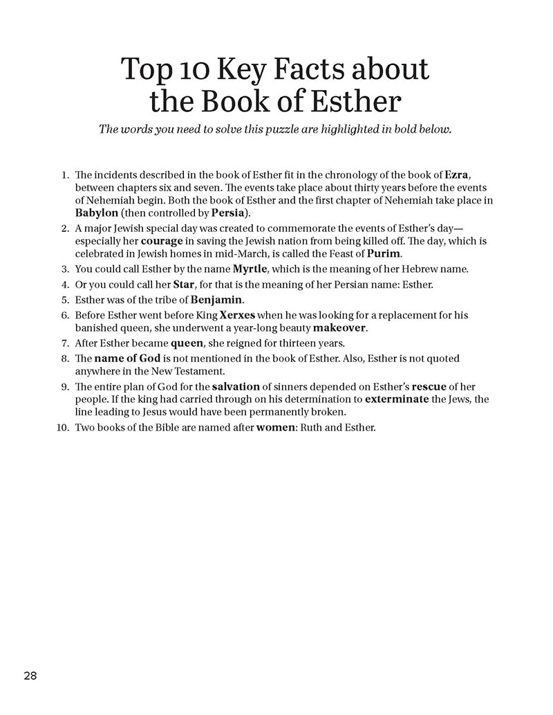 Text entitled 'Top 10 Key Facts about the Book of Esther' on a white background in 'Search the Scriptures: Ruth, Esther & Song of Songs' word find puzzle book from Our Daily Bread Ministries