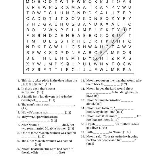 Crossword puzzle with clues on a white background in 'Search the Scriptures: Ruth, Esther & Song of Songs' word find puzzle book from Our Daily Bread Ministries on a white background