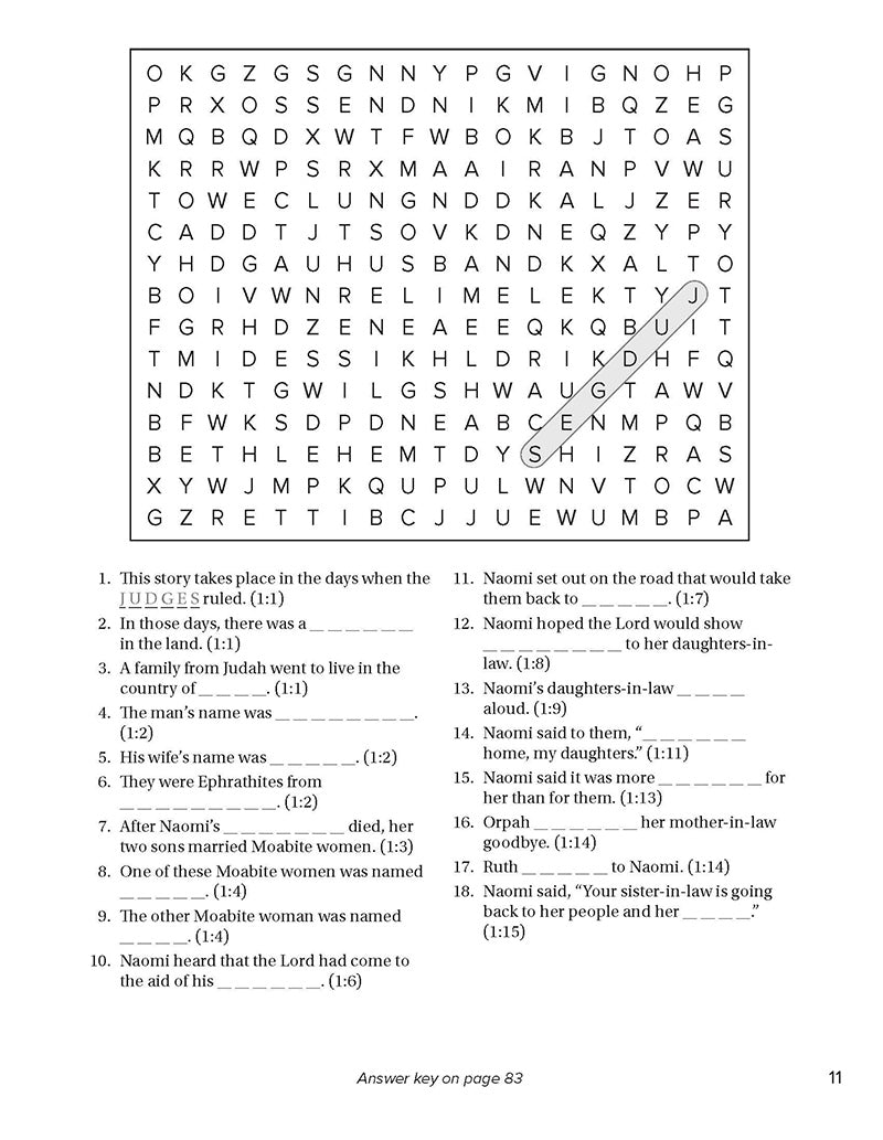 Crossword puzzle with clues on a white background in 'Search the Scriptures: Ruth, Esther & Song of Songs' word find puzzle book from Our Daily Bread Ministries on a white background