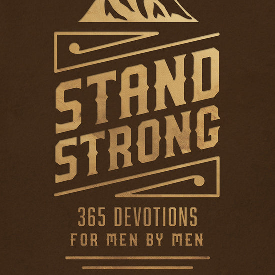 Cover with 'Stand Strong: 365 Devotions For Men By Men' book by Our Daily Bread, featuring a mountain design on a brown background