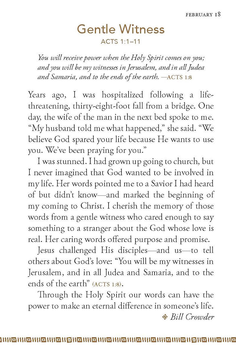 Text from February 18 devotional entitled Gentle Witness with a decorative mountain image in the corner from the 'Stand Strong: 365 Devotions For Men By Men' book by Our Daily Bread