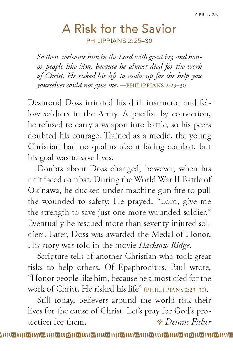 Text from April 23 devotional entitled 'A Risk For The Savior' with a decorative mountain image in the corner from the 'Stand Strong: 365 Devotions For Men By Men' book by Our Daily Bread