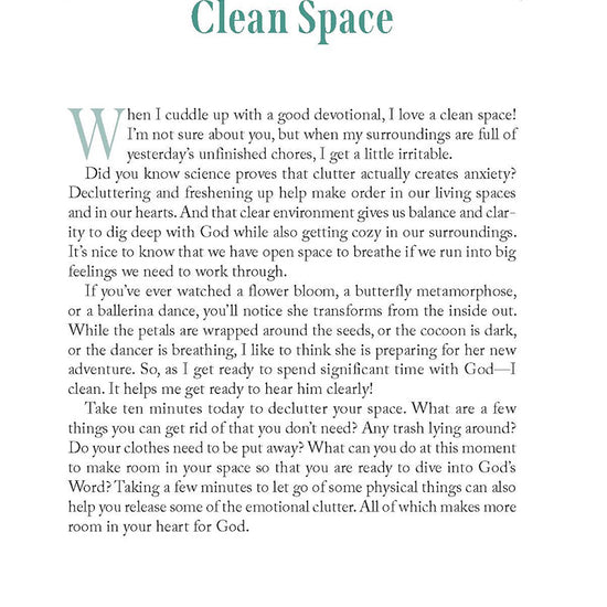 Text page with small faint green designs on white background featuring Day 2 devotional called Clean Space in the 'Truly You: 90 Devotions on Faith, Feelings, and Friends for Teen Girls' book by Sarah Humphrey