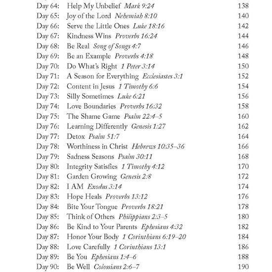 Table of contents from 'Truly You: 90 Devotions on Faith, Feelings, and Friends for Teen Girls' book by Sarah Humphrey, featuring such devotionals as Grief Heals and Silly Sometimes