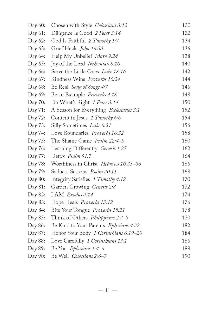 Table of contents from 'Truly You: 90 Devotions on Faith, Feelings, and Friends for Teen Girls' book by Sarah Humphrey, featuring such devotionals as Grief Heals and Silly Sometimes